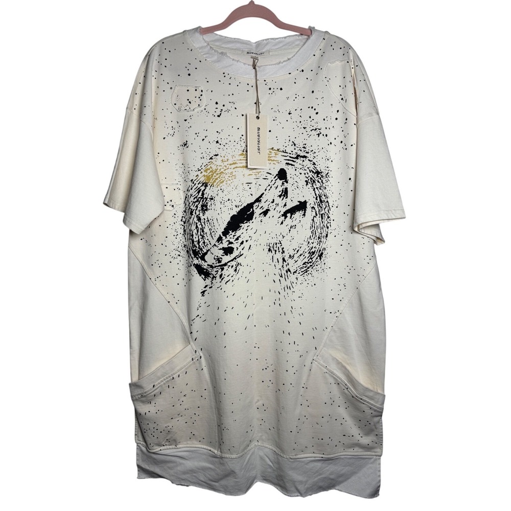 Bluevelvet Womens Abstract Wolf Graphic Oversized T-Shirt Dress Cream Boho Small